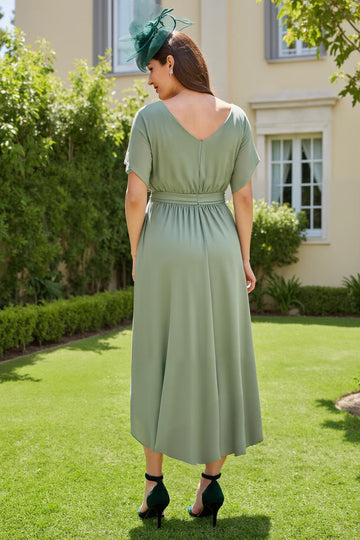 Eucalyptus Chiffon Bateau Neck Tea Length Wedding Guest Dress